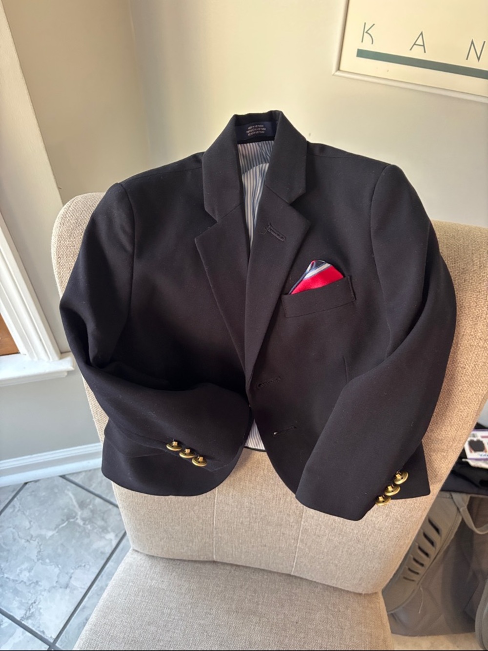 Kids Izod Black Blazer with Gold Buttons and Red Pocket Square Accent
